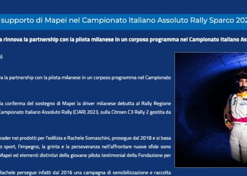 Rachele Somaschini con il supporto di Mapei nel Campionato Italiano Assoluto Rally Sparco 2023