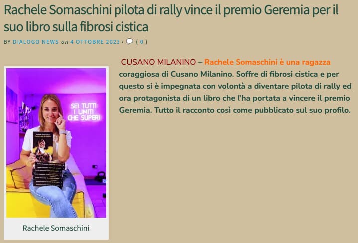 Rachele Somaschini pilota di rally vince il premio Geremia per il suo libro sulla fibrosi cistica