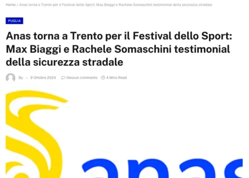 AGENPARL.EU • Anas torna a Trento per il Festival dello Sport Max Biaggi e Rachele Somaschini testimonial della sicurezza stradale