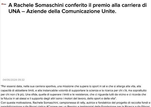 A Rachele Somaschini conferito il premio alla carriera di UNA – Aziende della Comunicazione Unite