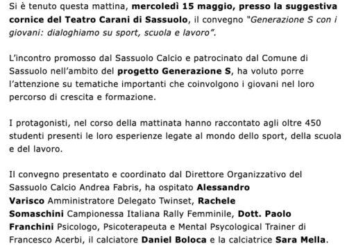 Al Carani “Generazione S con i giovani dialoghiamo su sport, scuola e lavoro