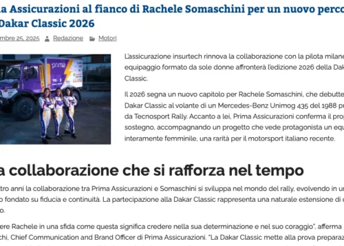 LAPRIMAPAGINA.IT Prima Assicurazioni al fianco di Rachele Somaschini per un nuovo percorso alla Dakar Classic 2026